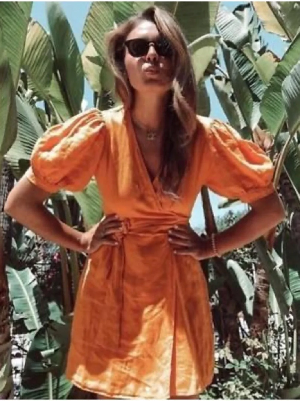 Zara Women’s Linen Orange Wrap Mini Dress with Puff Sleeves - Picture 2 of 9